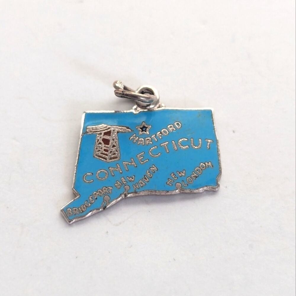Vintage Sterling Silver State of Connecticut Blue Enamel Small Pendant Charm
